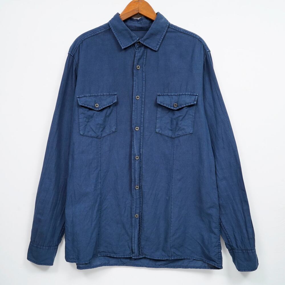 Mavi Premium Linen Shirt Men's L Navy Blue Regular Fit Button Front Long Sleeve